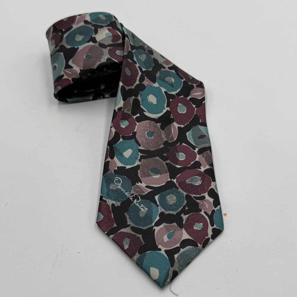 Oscar de la Renta Studio Mens Tie Abstract Floral Teal Burgundy Made in USA Silk